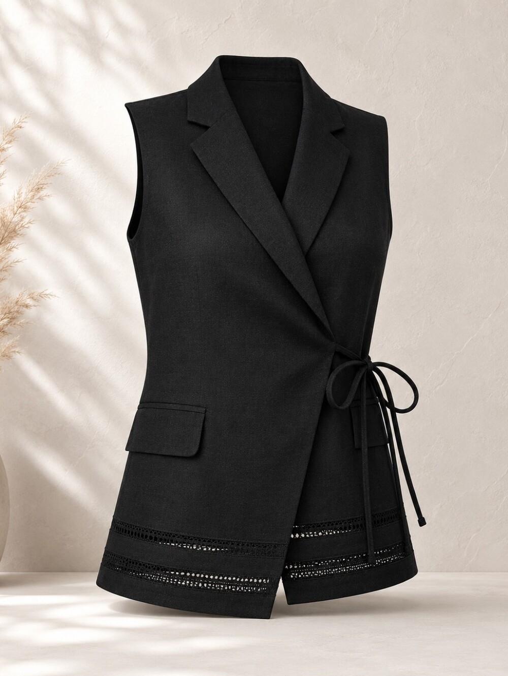 White House Black Market LINEN Blend Sleeveless Wrap Vest V Neck Tie Jacket